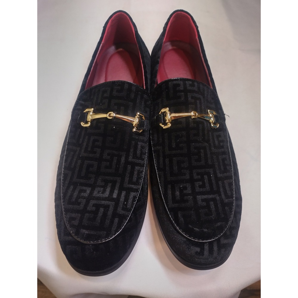 Mens Black Velvet Loafers Gold Horsebit Greek Key Embossed Dress Shoes Size 49